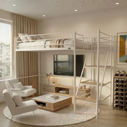 Beliche Suspenso de Ferro Solteiro Nick-plus-com-escada-branco — vista frontal | Camas e Beliches